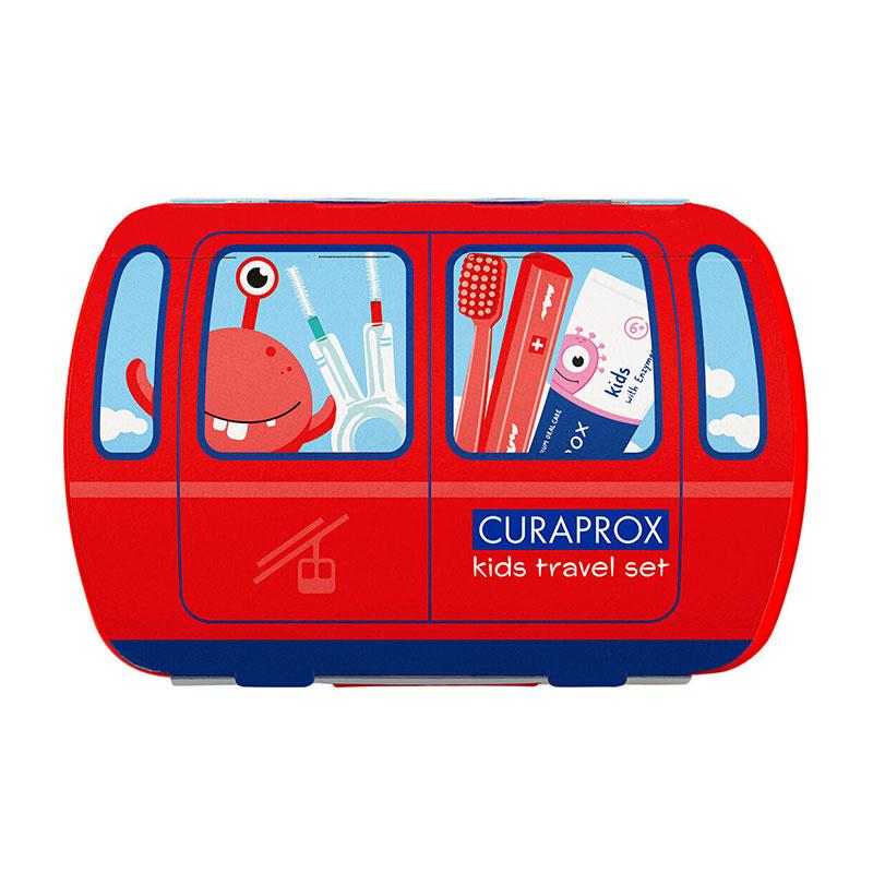 Curaprox Kids Travel Set Κόκκινο με Οδοντόβουρτσα Ταξιδίου 1 τμχ & Οδοντόκρεμα Καρπούζι 10ml & Μεσοδόντια Βουρτσάκια 2 τμχ